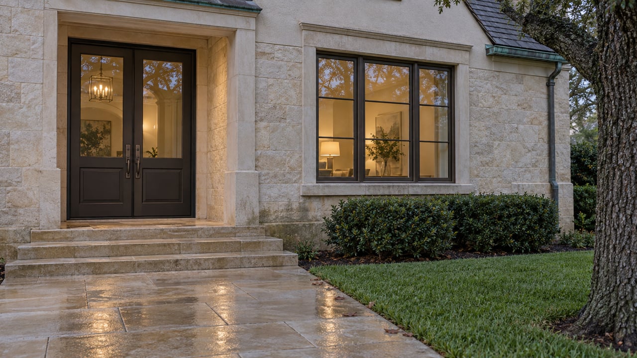 Rain-darkened limestone approach leading to a stone and stucco home, with bronze-framed glazing and a mature live oak.