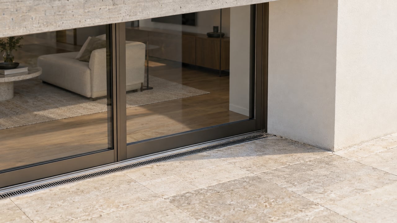 Closed bronze-framed glass door opens onto a travertine terrace beside a pale concrete balcony slab.