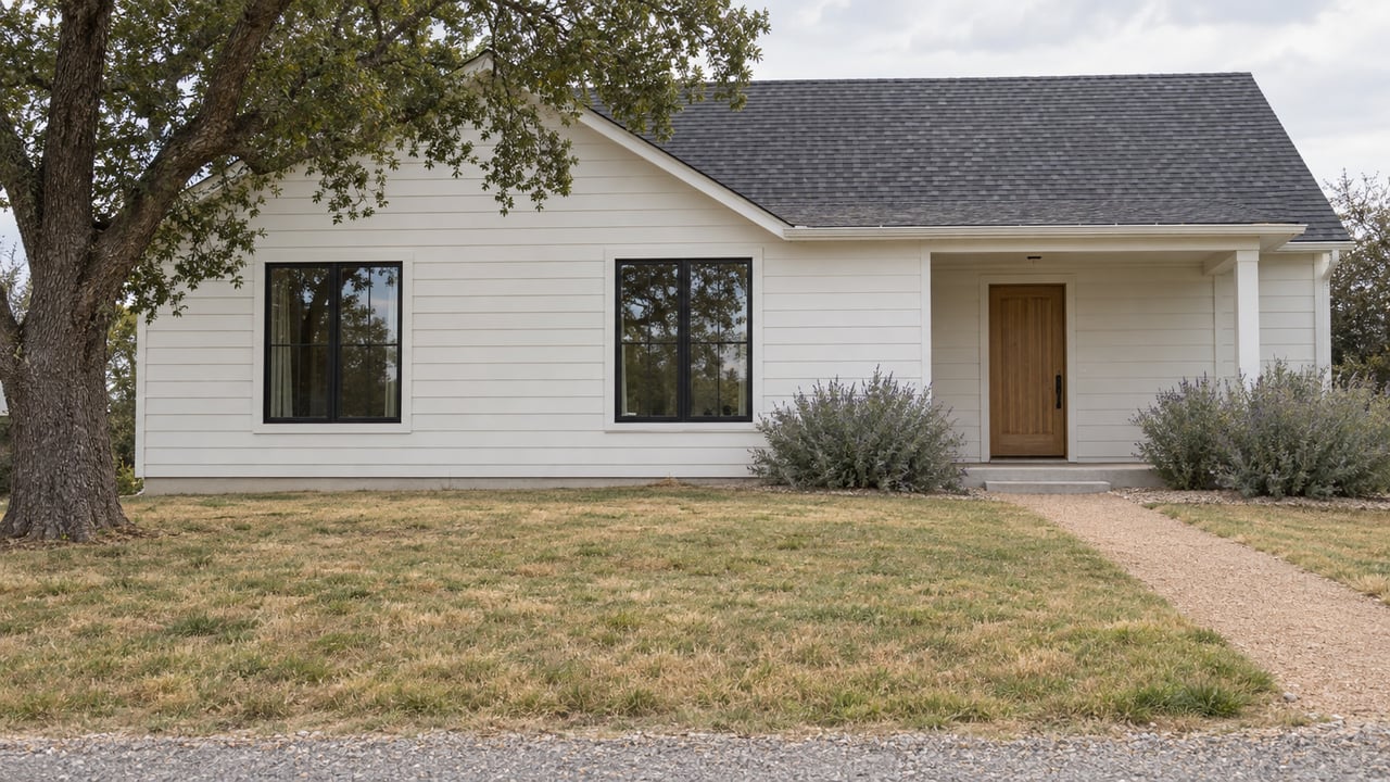 A white one-story house with a steep gable, oak front door, lawn, and oak tree at the edge.