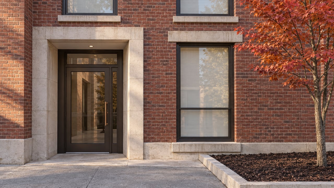 Red brick apartment entrance with bronze-framed glazing, limestone trim and an autumn red maple beside the sidewalk.