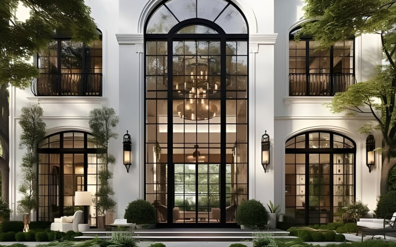 White home with a tall arched central window, black-framed glass, balconies, and landscaped grounds.