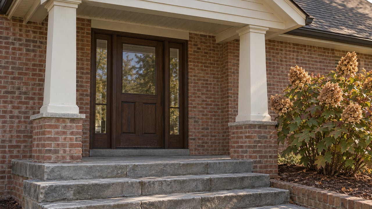 Brick home entrance with ivory porch columns, a dark oak door, limestone steps and an oakleaf hydrangea with autumn leaves.