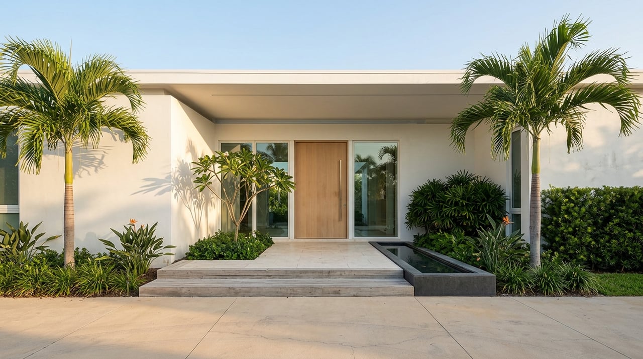 Coastal-modern entry with limestone walkway, linear water rill, pivot door, and tropical palms.