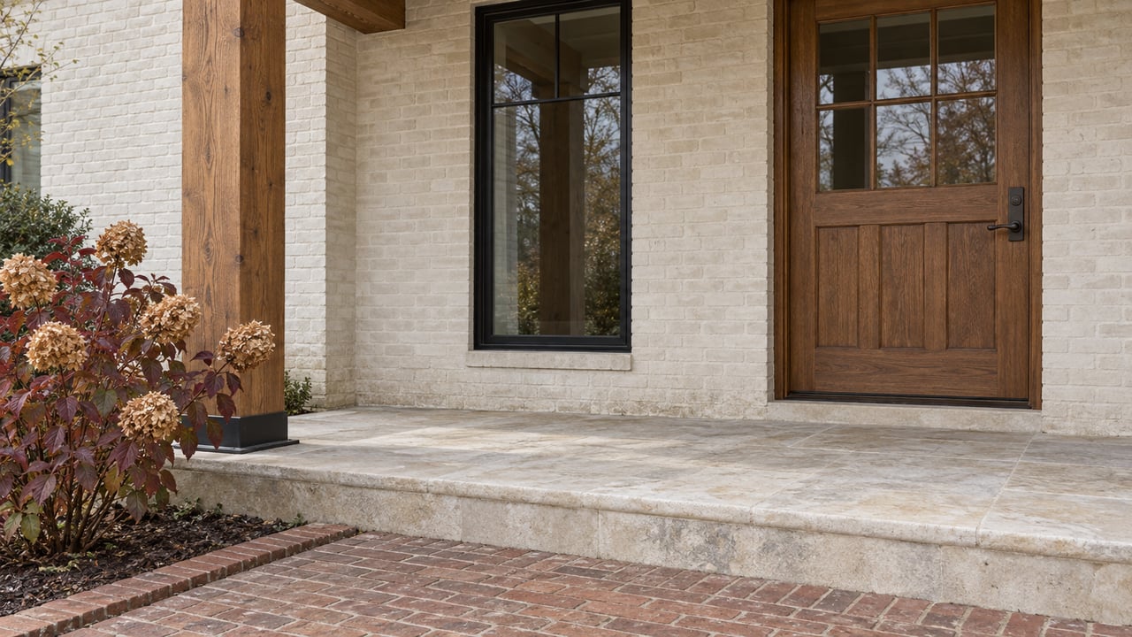 An oak front door and black-framed window beneath a timber porch, with limestone steps, a brick walk and dormant oakleaf hydrangea.