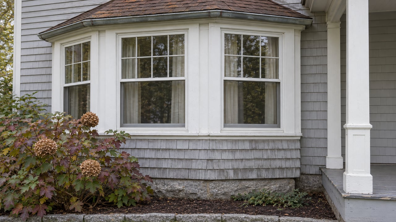 Light-gray shingled window bay with white wood trim, brown roof shingles and an autumn oakleaf hydrangea beside a granite foundation.