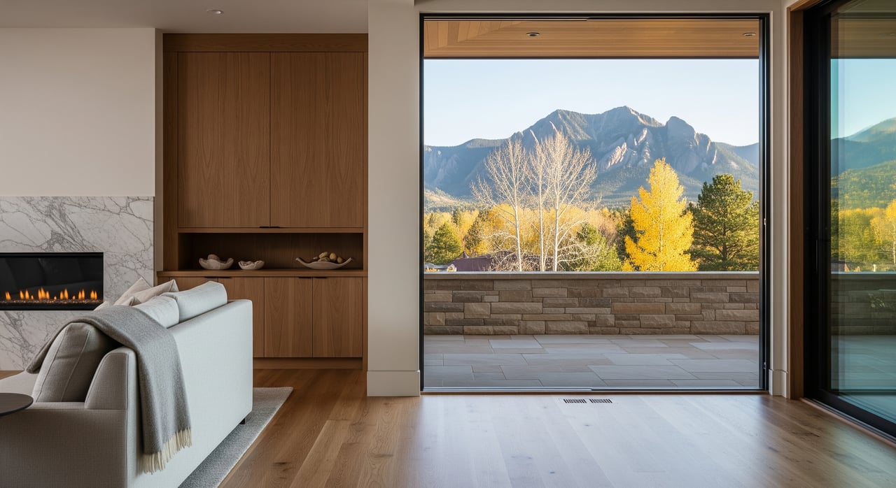 Modern living room with a sofa, fireplace, and mountain view through an open sliding glass door.