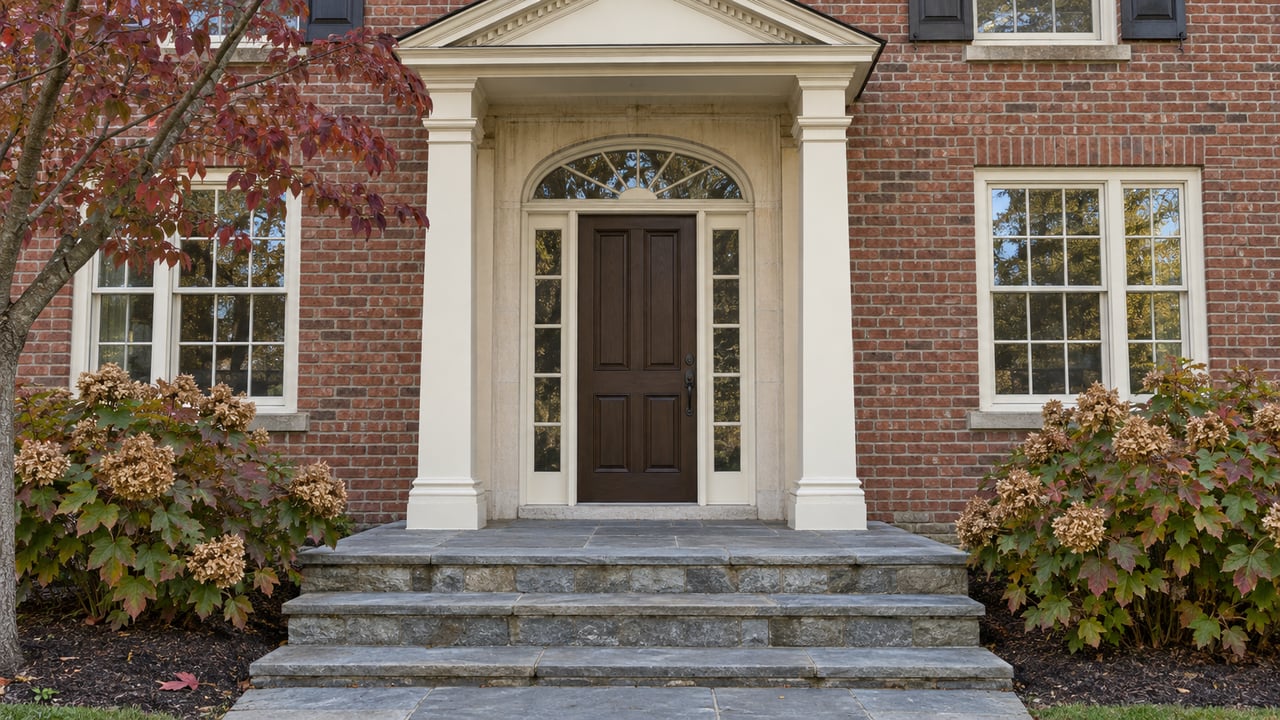 Traditional brick home's recessed front entry with ivory trim, bluestone steps and autumn dogwood and oakleaf hydrangeas.