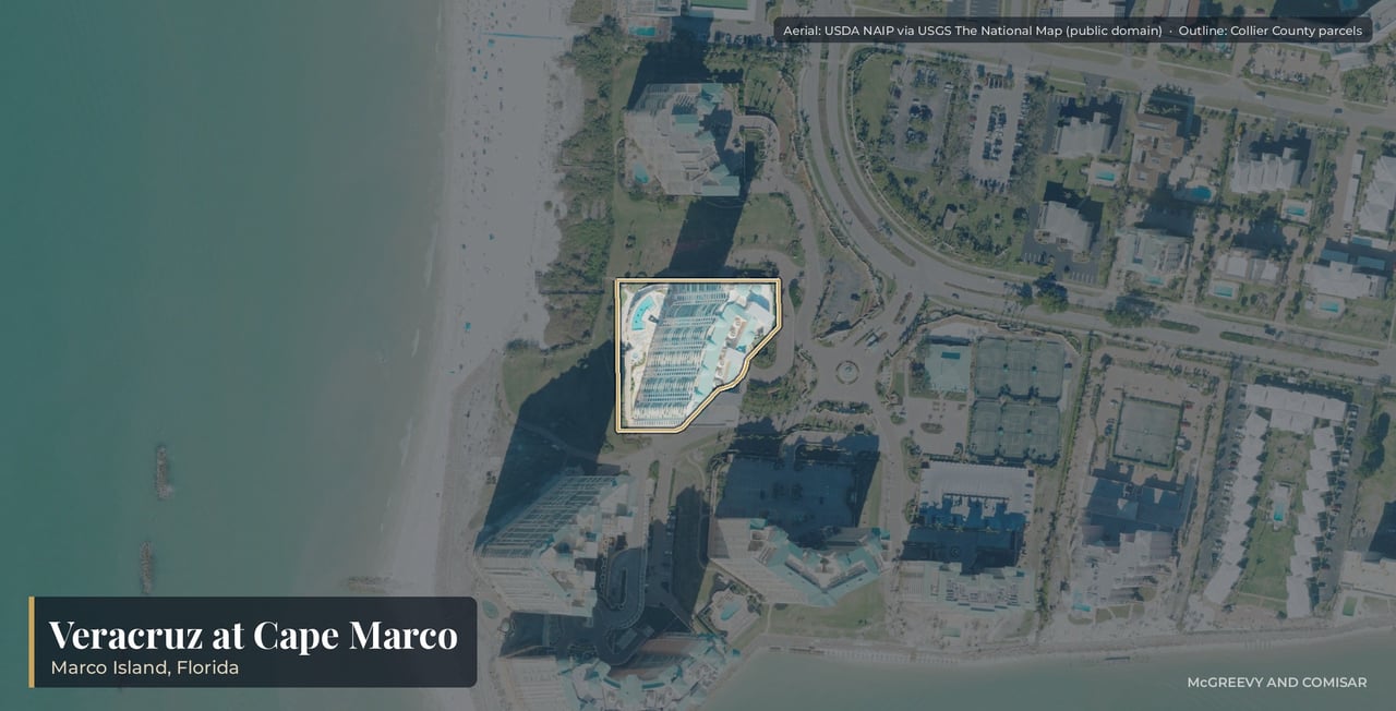 Aerial view of Veracruz at Cape Marco on Marco Island, Florida, the 2005 gulf-front tower at 940 Cape Marco Drive, the newest inside gated Cape Marco