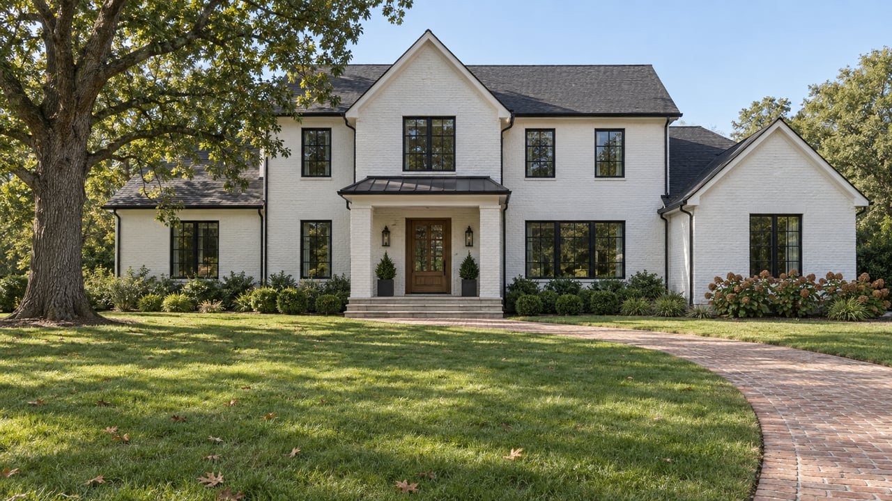 A white-painted brick home across a deep green lawn, with black-framed windows, a brick approach and a mature white oak.