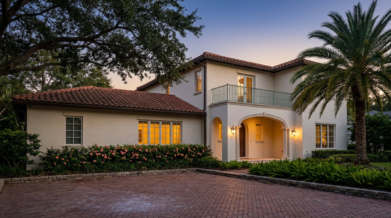 Stucco home glows at dusk, with a paver drive, arched entry, palm, and oak canopy.