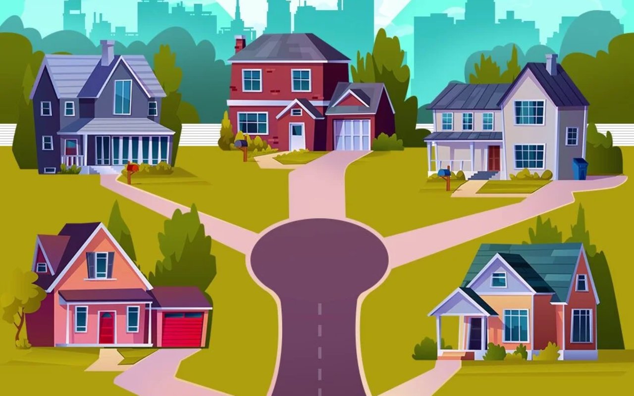 Illustrated cul-de-sac with detached houses around a bulb-shaped dead-end street.