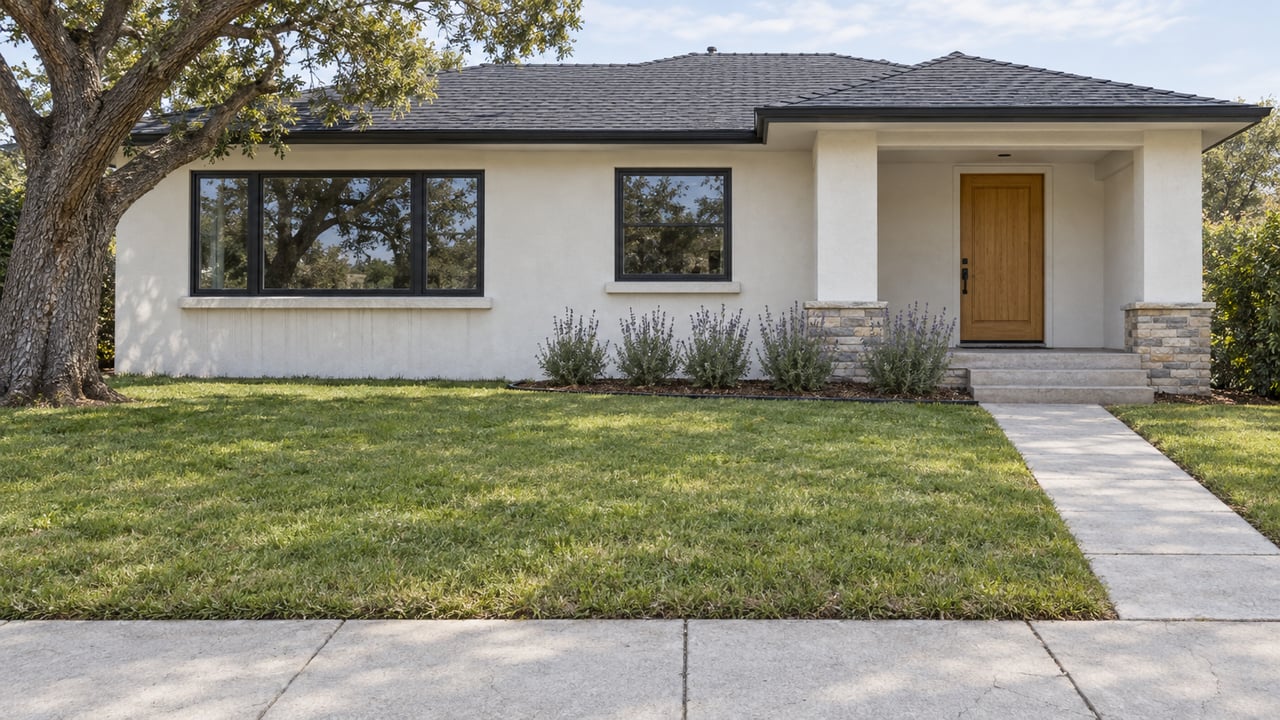 An ivory stucco bungalow behind a deep green front lawn, with black-framed windows, a wood entry door and a mature oak tree.