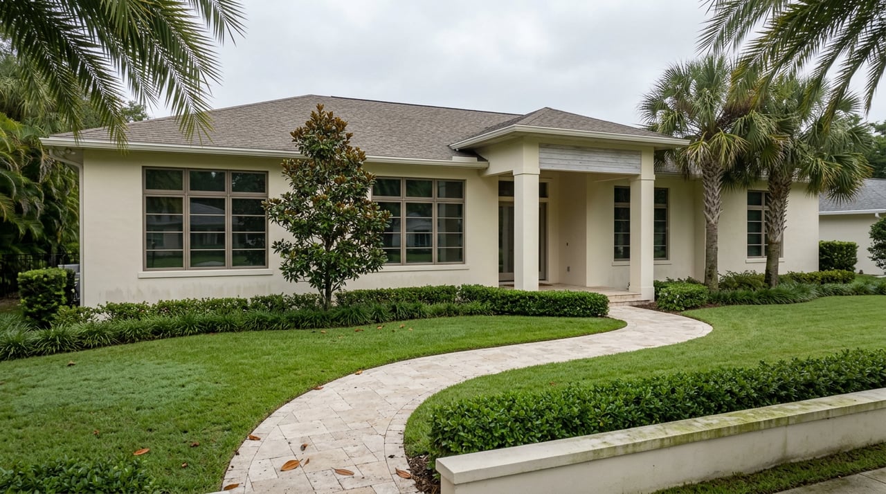 Stucco home beyond deep lawn, with magnolia, entry palms, and low masonry boundary wall.