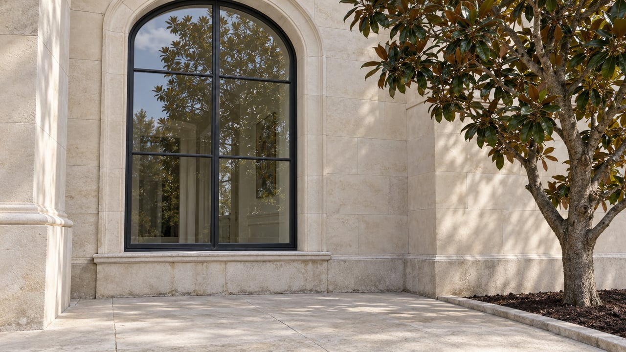 Tall black-framed arched window in a pale limestone residential facade, beside a magnolia tree and worn stone terrace.