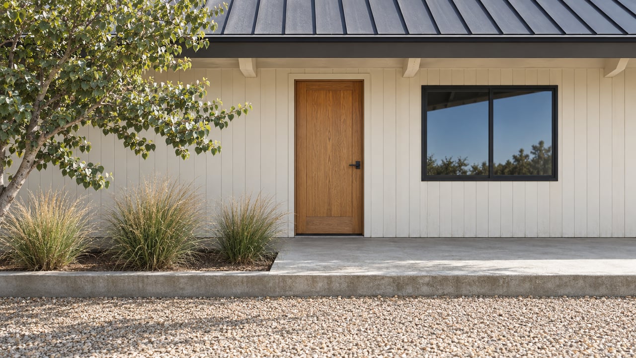 Wood entry door and black-framed window beneath a deep metal-roof overhang, with a concrete porch, gravel approach and drought-tolerant planting.