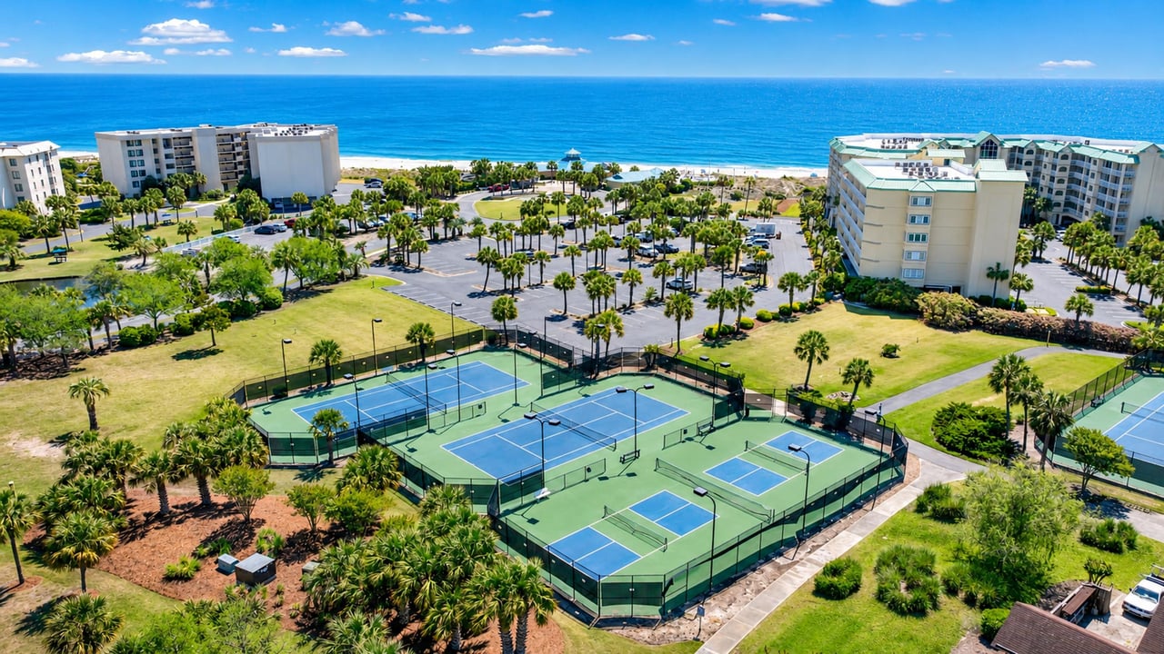 Aerial view of beachfront condominiums and multiple tennis courts beside the ocean.