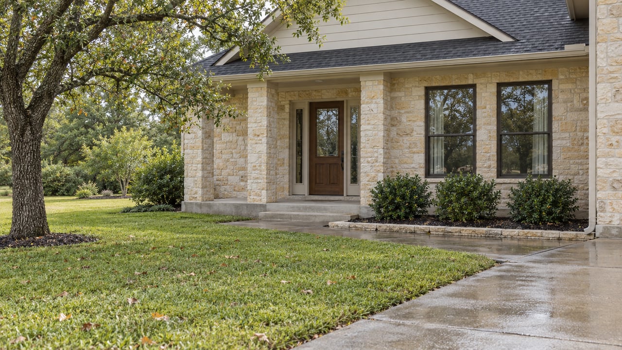 Limestone and ivory-sided home with a recessed oak entry, paired windows and a broad lawn beneath a mature post oak.