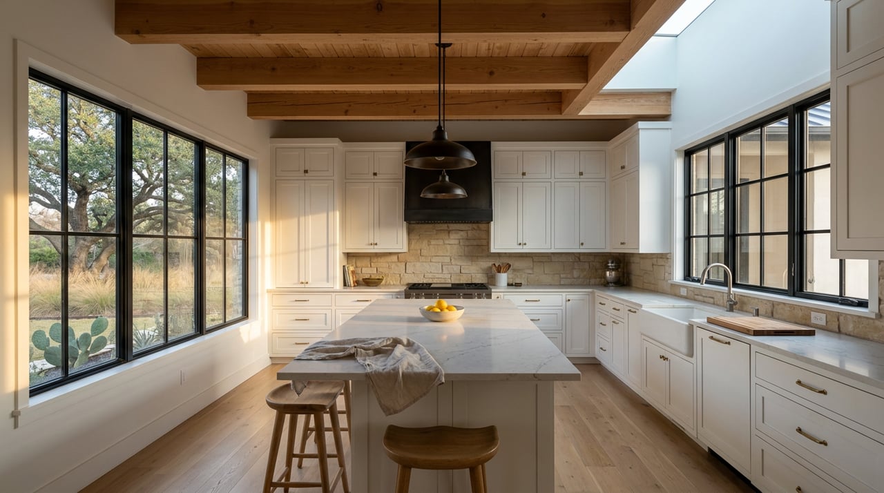 Open-plan kitchen with a quartz island, oak stools, white cabinets, cedar beams, and black-framed windows overlooking trees.