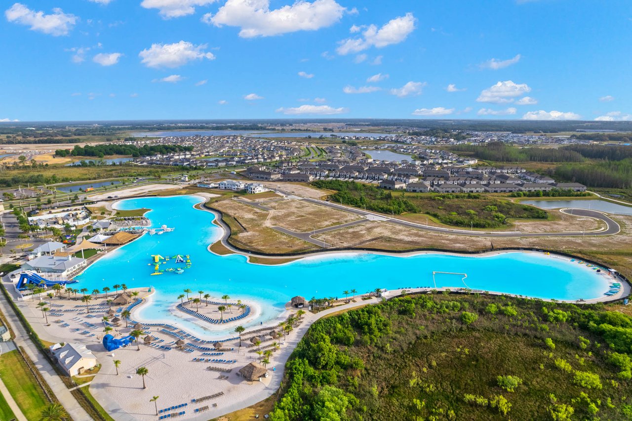 Birds Eye view of Epperson lagoon with beach and amenities