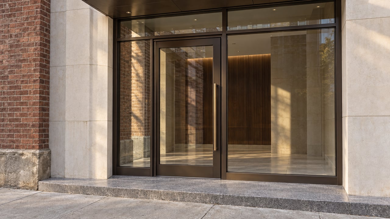 Limestone and dark bronze condominium entrance beside weathered brick, with a glass door and raised granite landing in soft afternoon light.