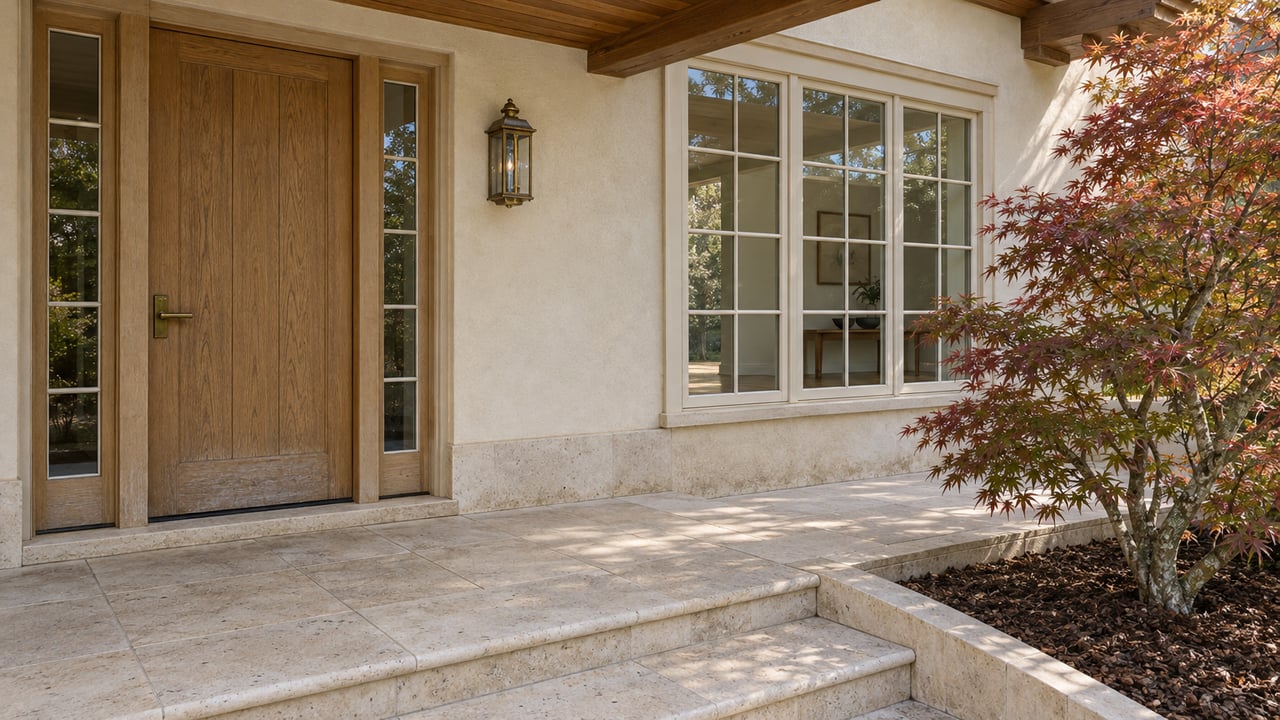 Morning light on an ivory stucco home’s oak entry, gridded window and limestone steps beside a Japanese maple.