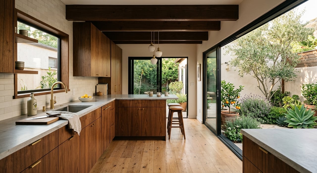 Walnut kitchen with a veined quartzite island, opening onto a stucco patio with an olive tree and lavender.