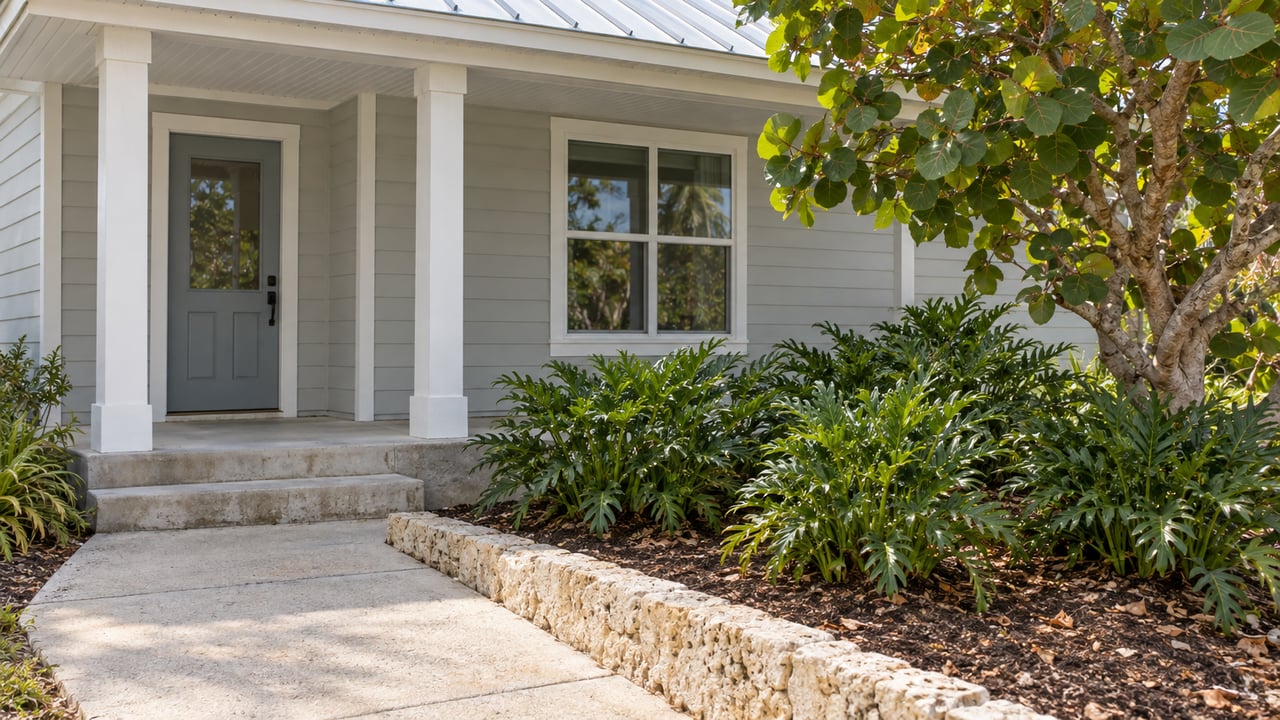 Light-sided home with a white metal porch roof, concrete entry steps and a sea grape tree beside a limestone-edged garden.