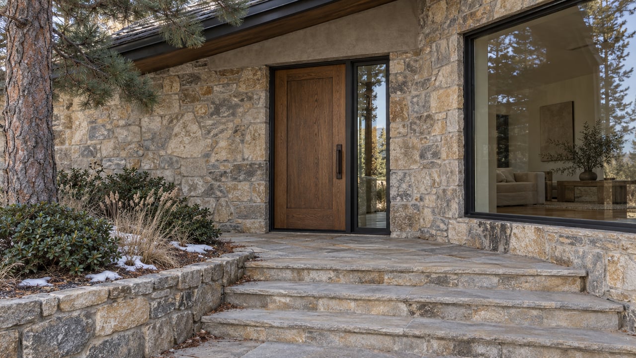 Stone-and-stucco house entry with oak door, black-framed windows, sandstone steps, and sparse winter planting.