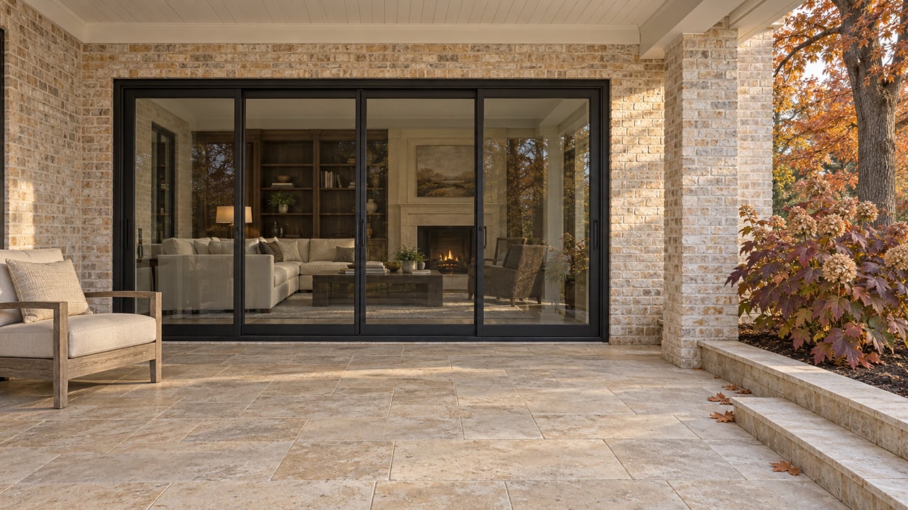 Autumn light across a limestone rear terrace with creamwashed brick, black-framed glass doors and copper-colored oakleaf hydrangea.
