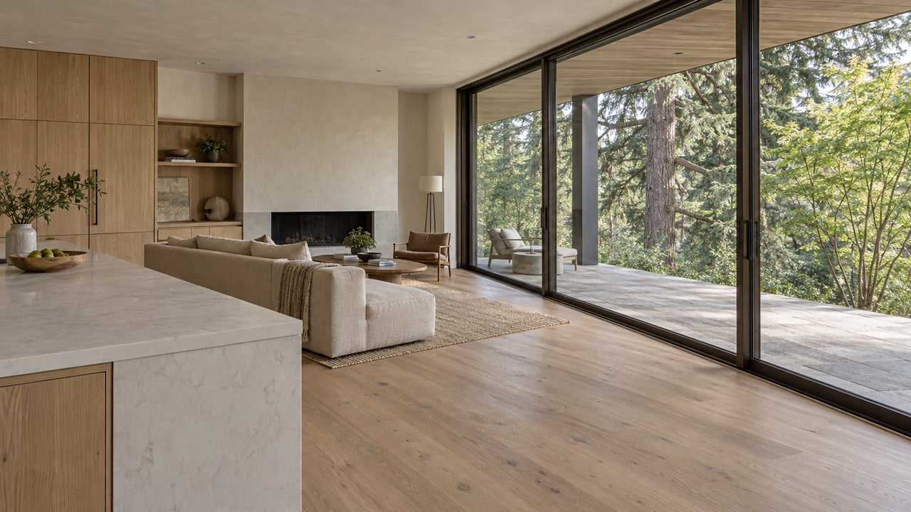 Spacious living room with pale oak cabinetry, an oatmeal sofa, and glass doors opening to a tree-lined terrace.