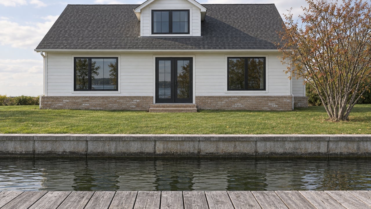 A compact white-sided cottage with a gray gabled roof stands beyond a short lawn and concrete shore wall.