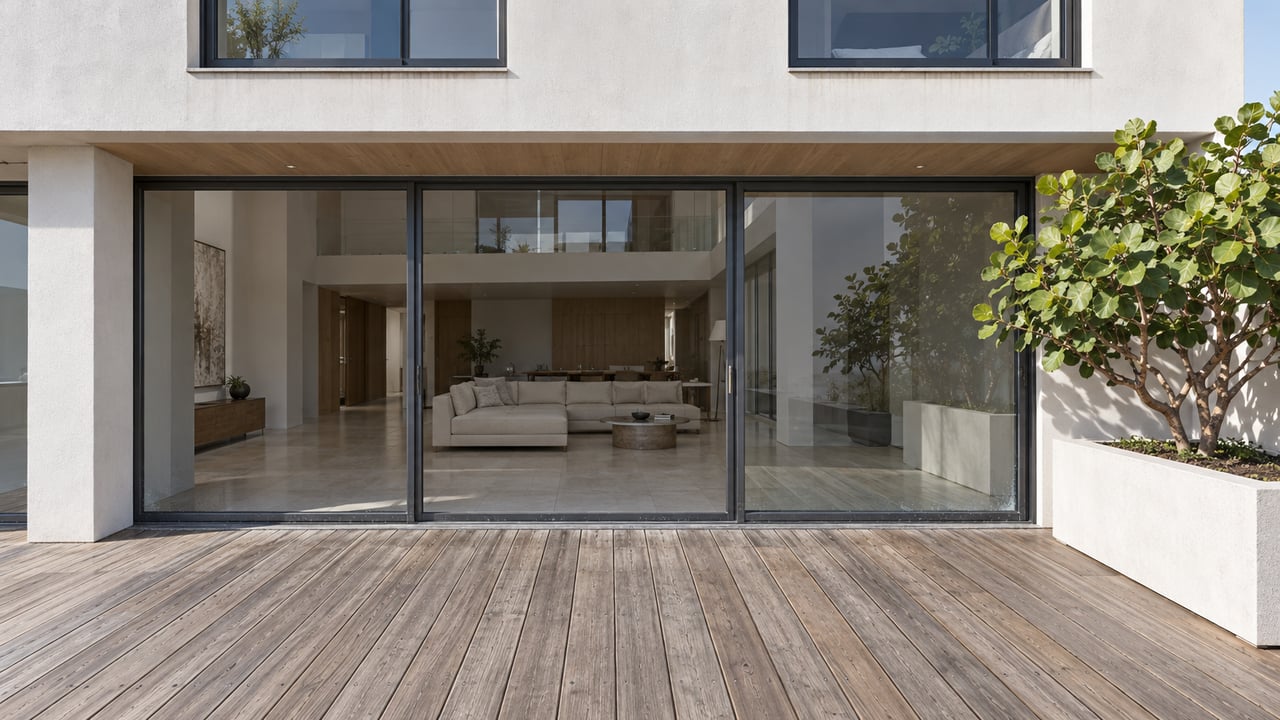 Sunlit wood condominium terrace facing tall glass doors, white stucco walls and a single sea grape tree in a masonry planter.