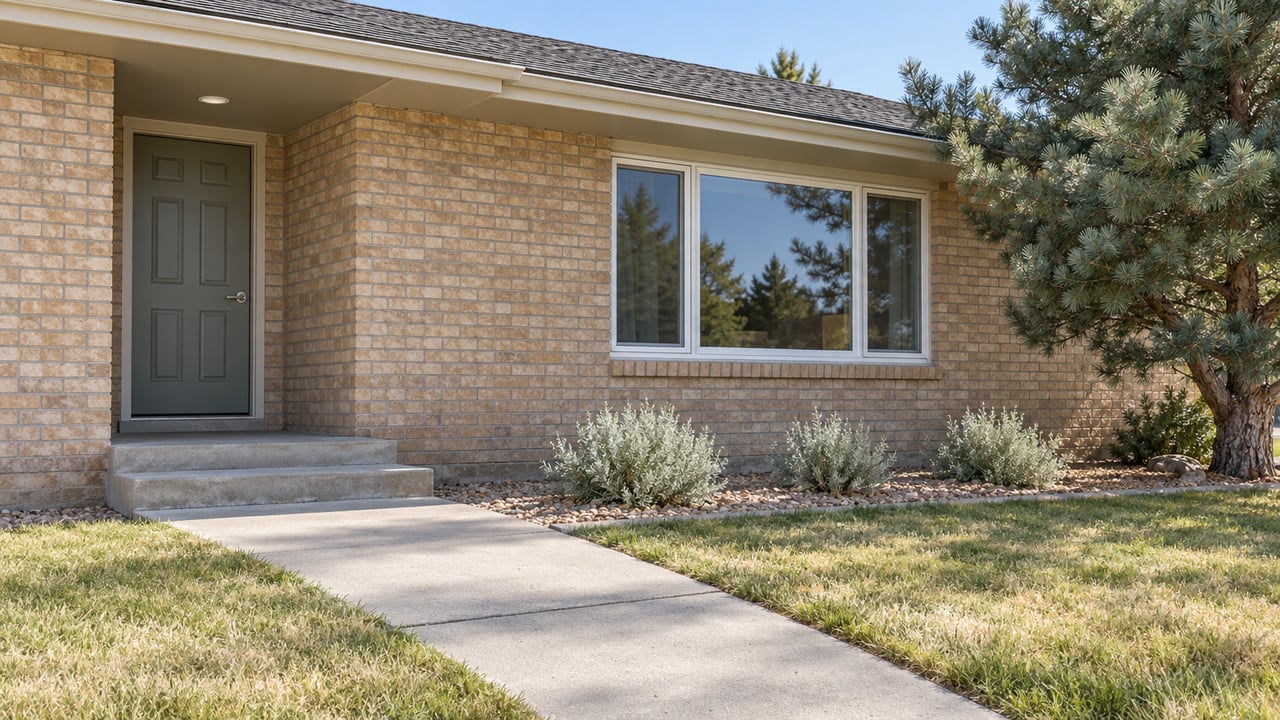 Buff-brick ranch entry with a sage-gray door, broad concrete steps, dry blue grama lawn and a sculptural limber pine.