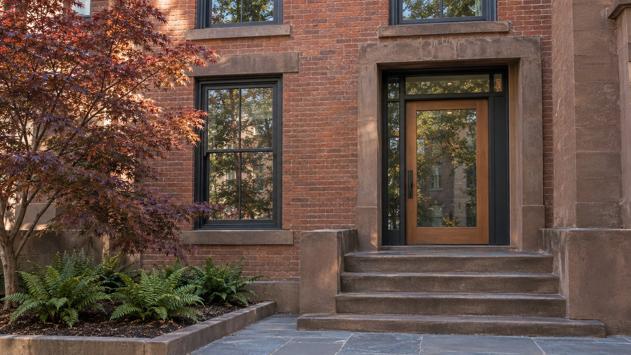 Red brick townhome entrance with brownstone steps, a glazed oak door and a burgundy Japanese maple beside bluestone paving.