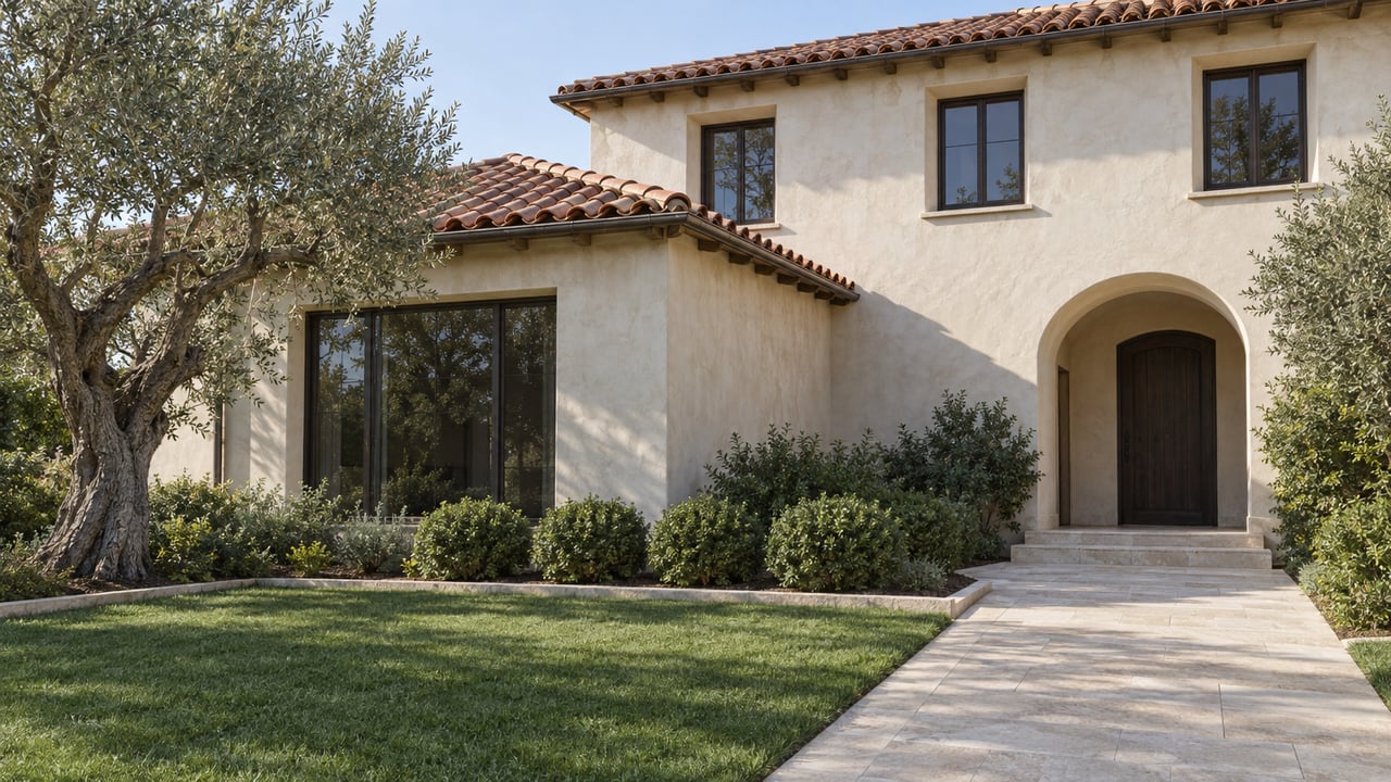 Morning light on an ivory stucco residence with clay roof tiles, bronze-framed windows, an arched oak entry and a limestone walk beside an olive tree.