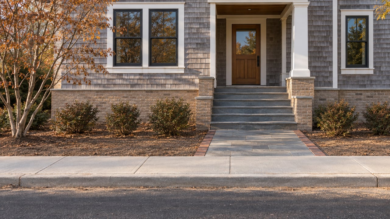 Cedar-shingle home with an elevated oak entry, bluestone steps, autumn serviceberry and a planted front setback behind a concrete curb.