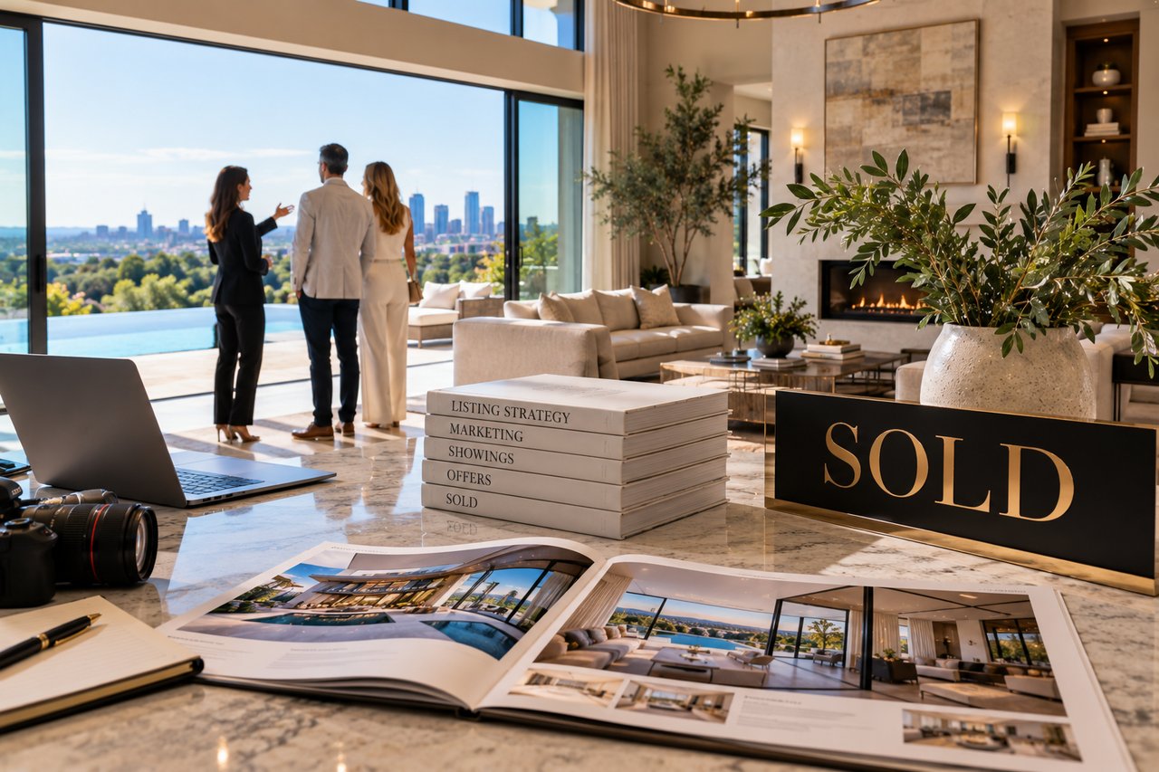 Luxury real estate agent showing an upscale home to buyers, illustrating the listing process from professional marketing and showings to offers and a successful sale.