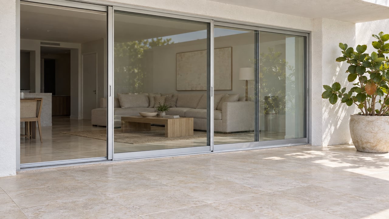 Sunlit covered terrace with pale limestone flooring, closed sliding glass doors and a potted sea grape beside a bright living room.