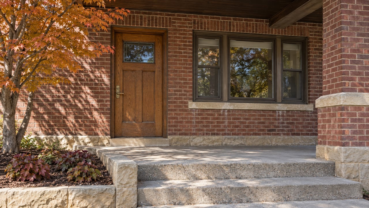 Autumn light on a brick bungalow porch with an oak door, bronze-framed window, sandstone foundation and worn concrete steps.