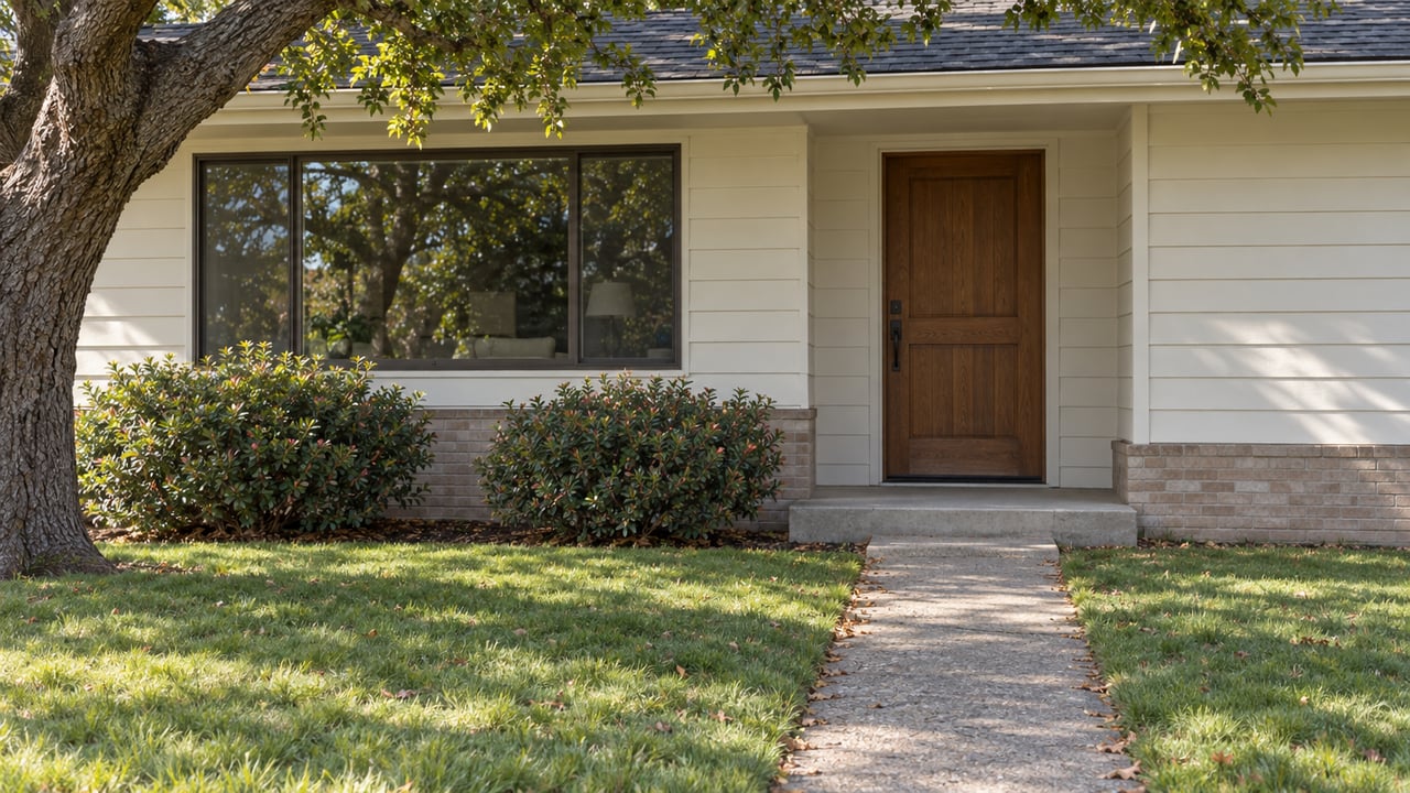 Cream-sided ranch entry with an oak canopy, broad lawn, and narrow concrete walk to the porch.