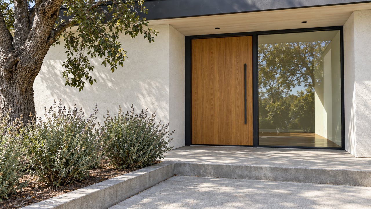Light stucco home with a recessed oak entry door, dark-framed glass, concrete approach, and mature oak planting.