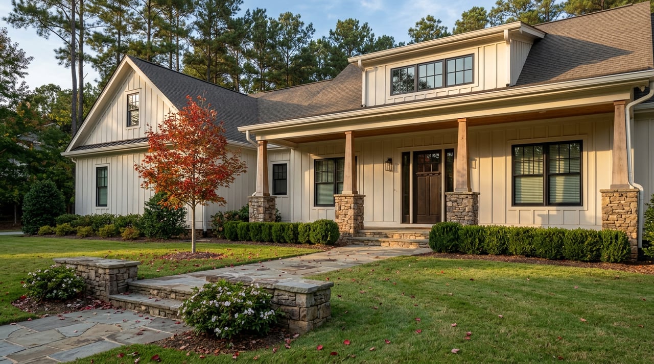 Craftsman home with a stone-based porch, board-and-batten siding, and a red maple beside the flagstone walkway.