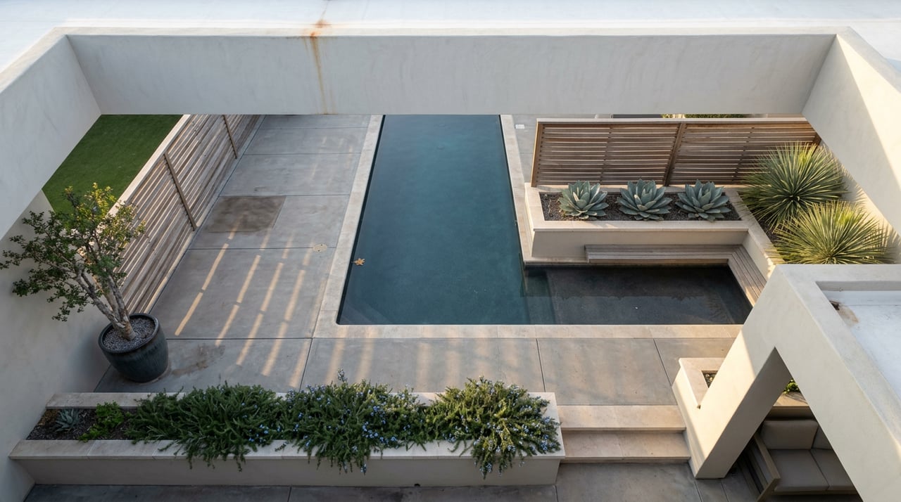 Aerial view of a walled courtyard with a narrow dark pool, agaves, and a slatted wood screen.