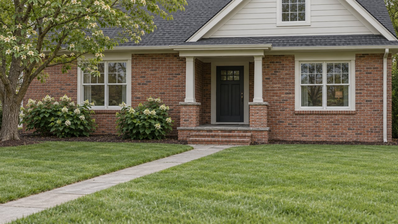 Red-brick house with a pale gable, recessed front door, raised porch, and diagonal walkway across the lawn.