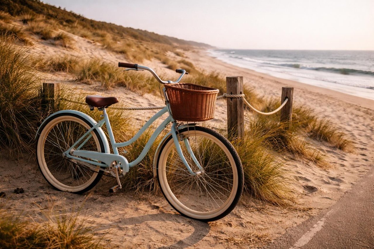 Beach cruiser bicycle near sand dunes in a coastal setting