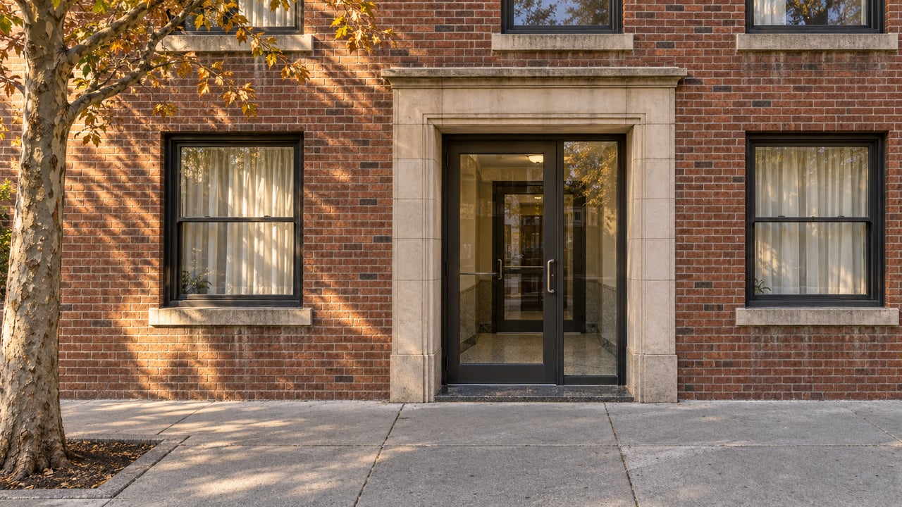 Warm brick apartment entrance with limestone trim, a glass vestibule and a mature mottled-bark tree beside a worn concrete sidewalk.