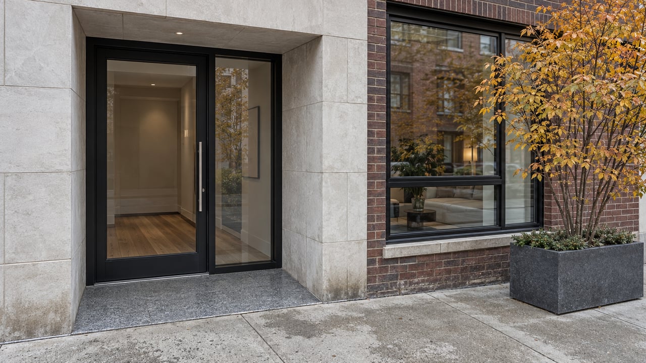 Limestone and brick condominium entrance with black-framed glazing, granite paving and a serviceberry in a stone planter.