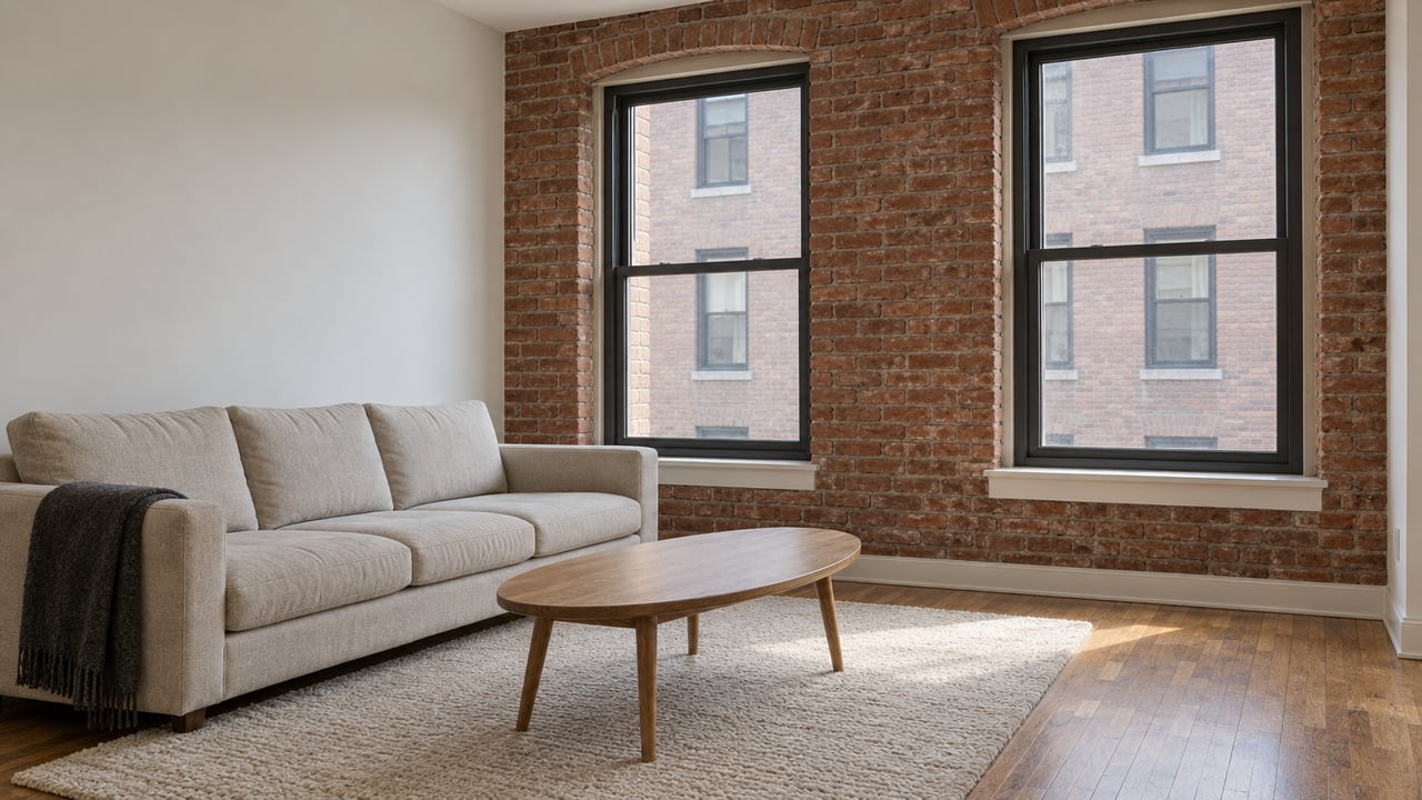 Naturally lit condo living room with exposed brick, two tall windows, a pale linen sofa and oak flooring.