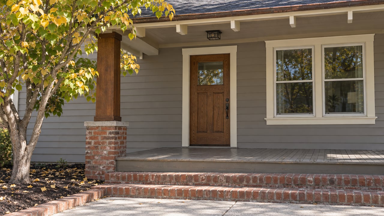 Sunlit brick steps lead to a shaded bungalow porch with an oak door, paired windows and a redbud tree.