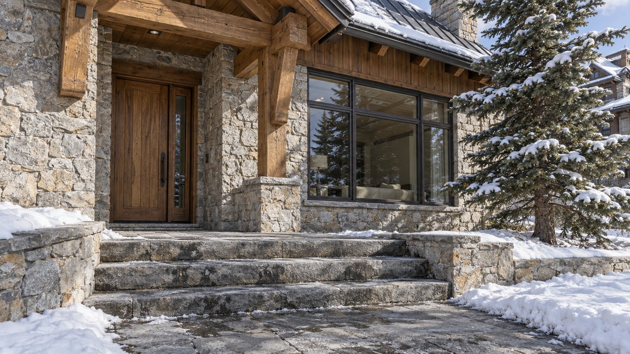 Snow edges a stone approach to a timber-and-stone home, with a recessed oak entry and bronze-framed window beneath a pitched roof.